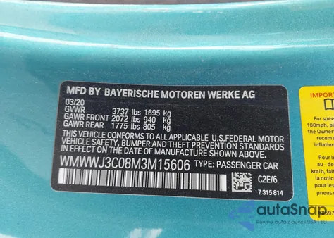 2021 Mini Convertible Cooper z USA, uszkodzony, nr VIN WMWWJ3C08M3M15606